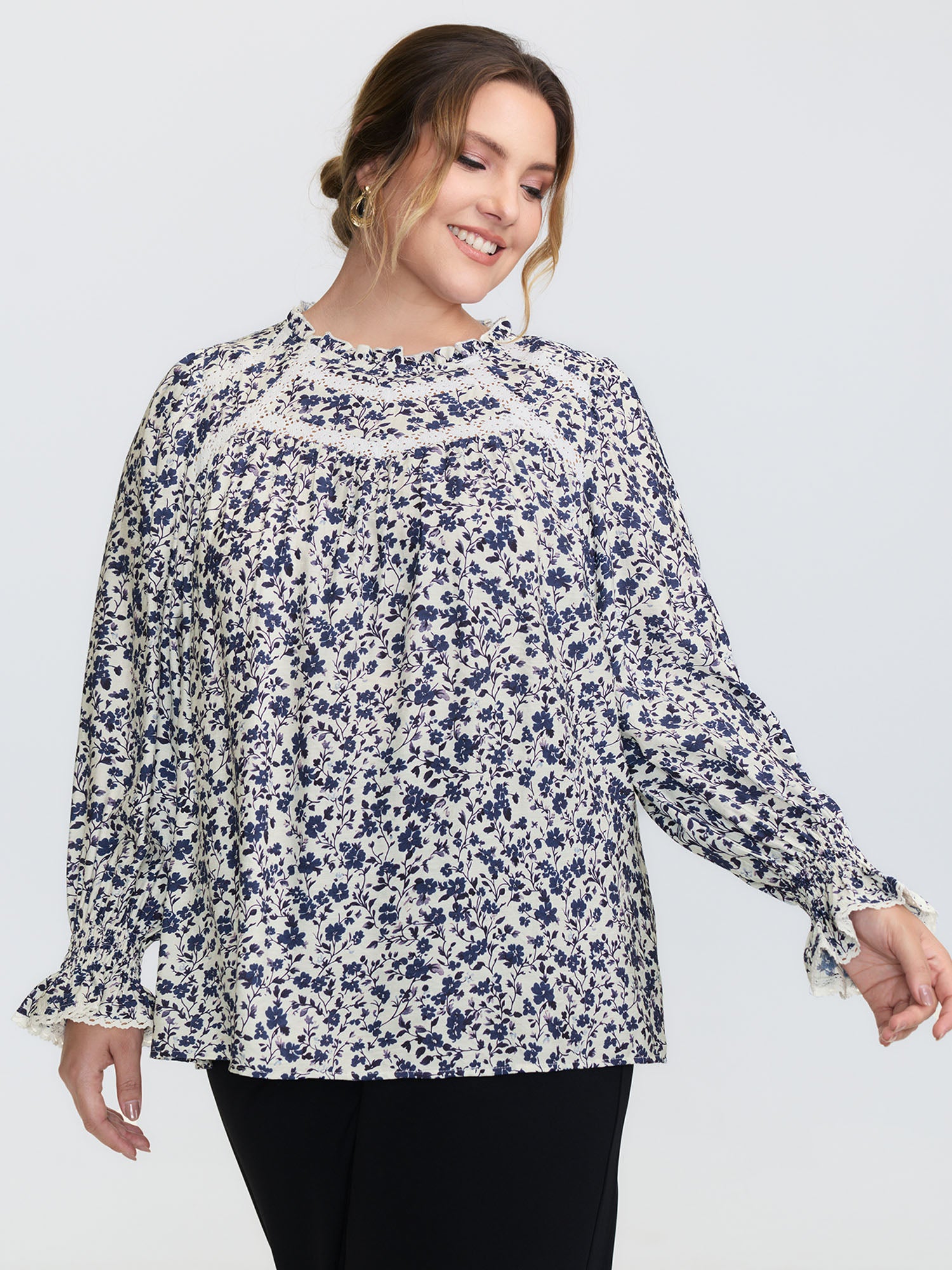 Floral Print Lace Trim Flowy Blouse
