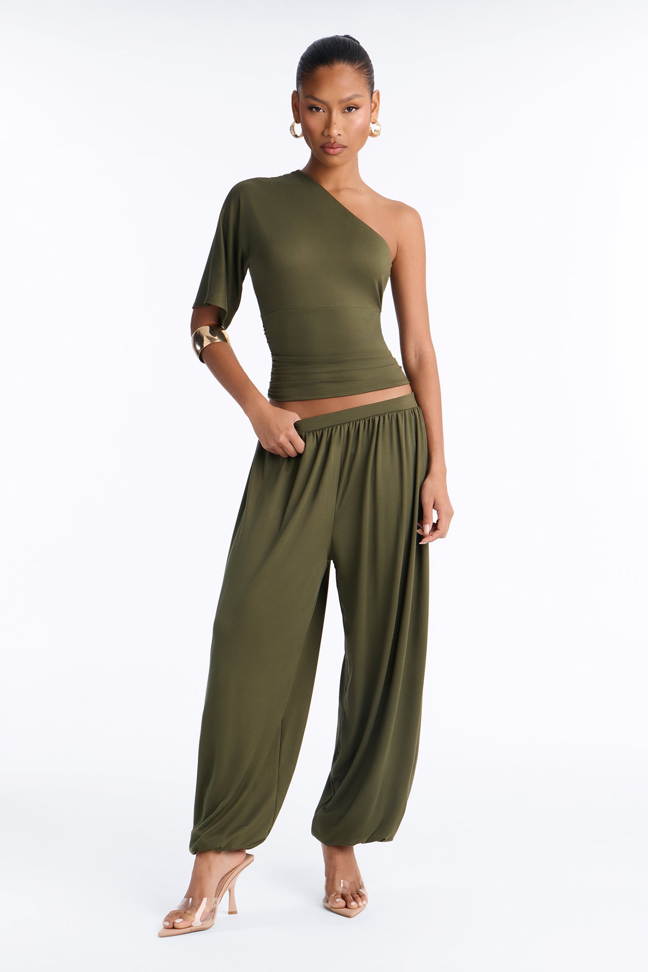 Megan One Shoulder Balloon Pant Set - Olive