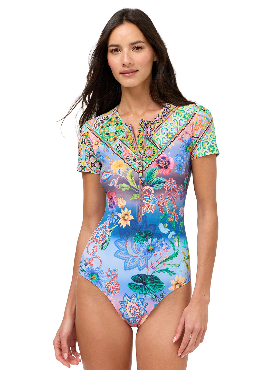 Johnny Was Women's Lilliana Short Sleeve One Piece Swimsuit