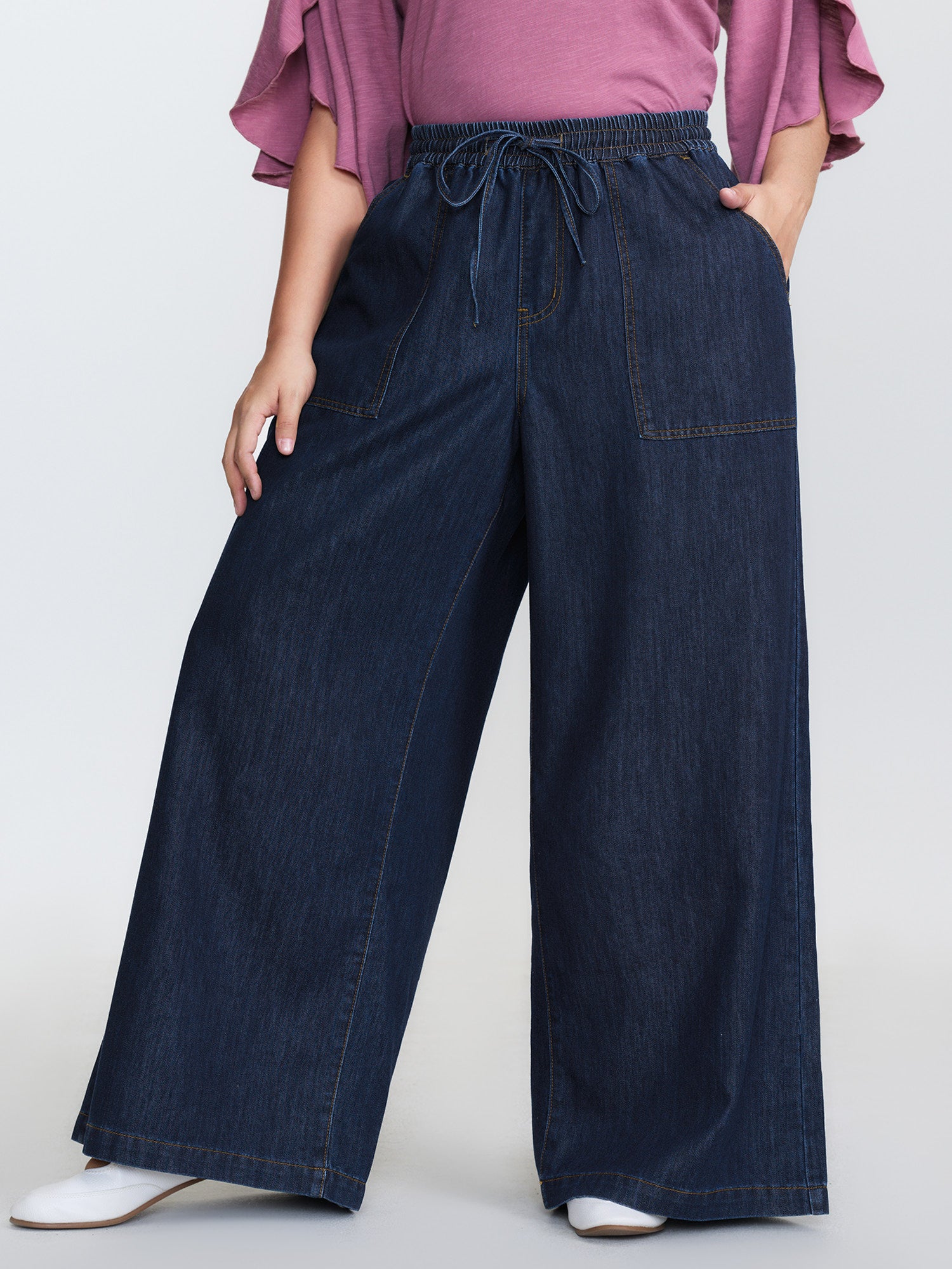 Cotton Stretchy Waist Drawstring Wide-Leg Jeans