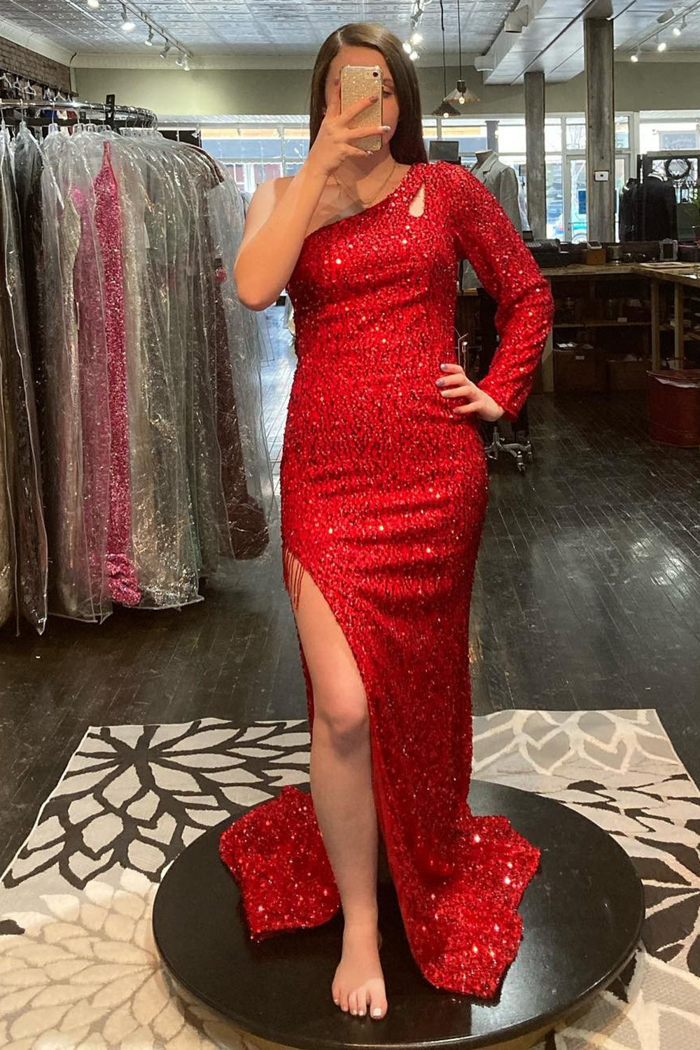 Red Sequined Mermaid Prom Dress with Silt and One Shoulder