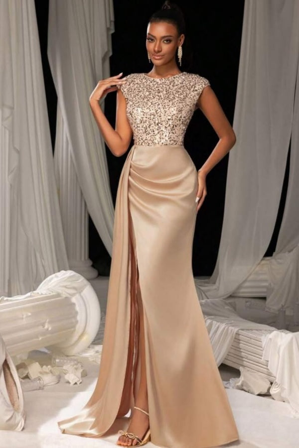 Champagne Crew Neck Sequins Split Sleeveless Evening Dress