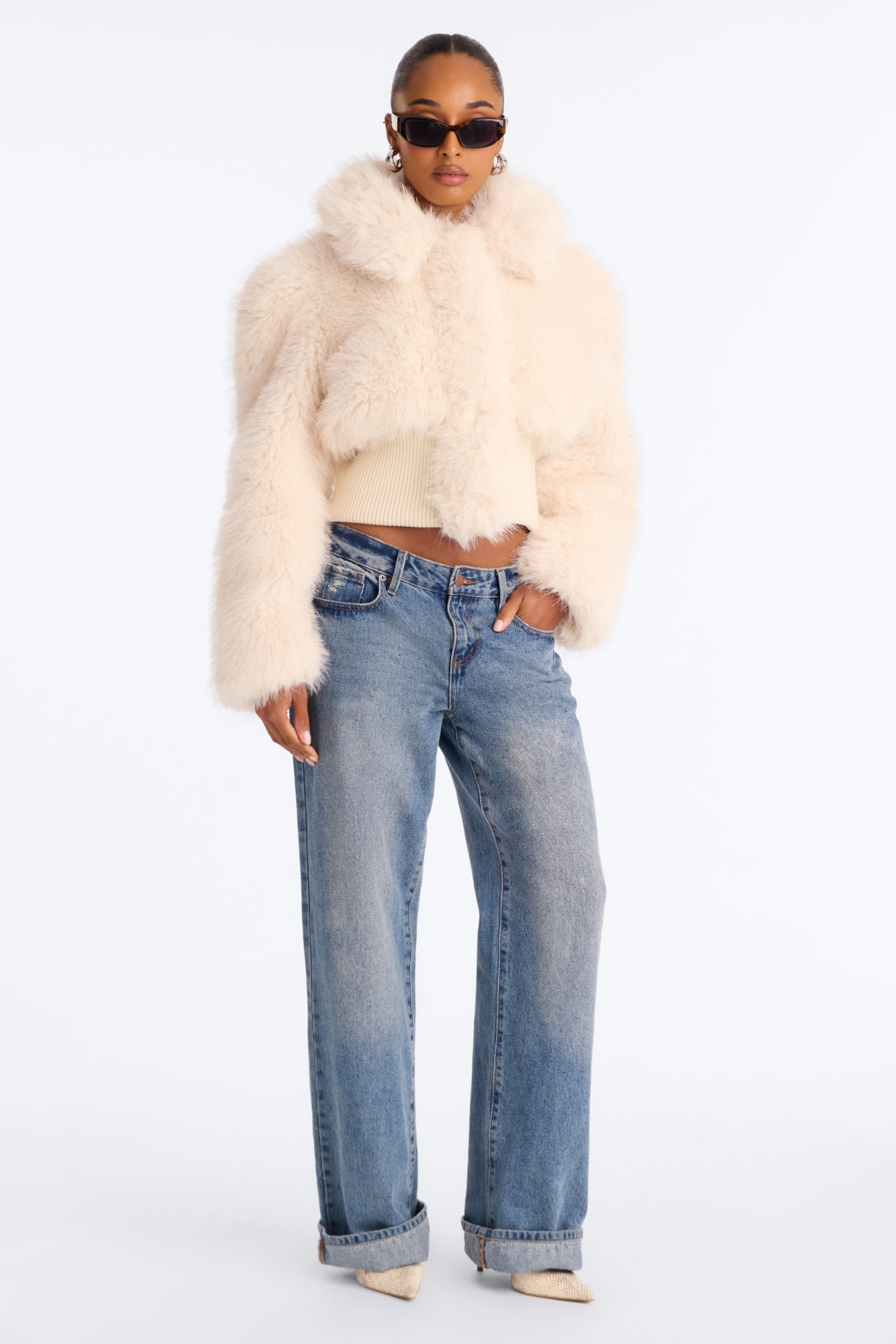 Janice Fitted Waist Faux Fur Bomber Jacket - Beige