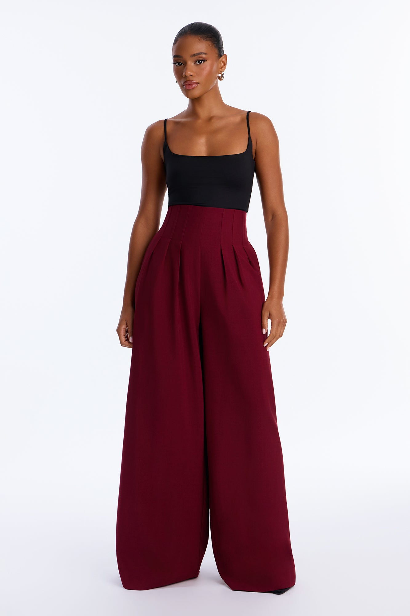 Talia High Rise Corset Waist Wide Leg Pant 33″ - Burgundy