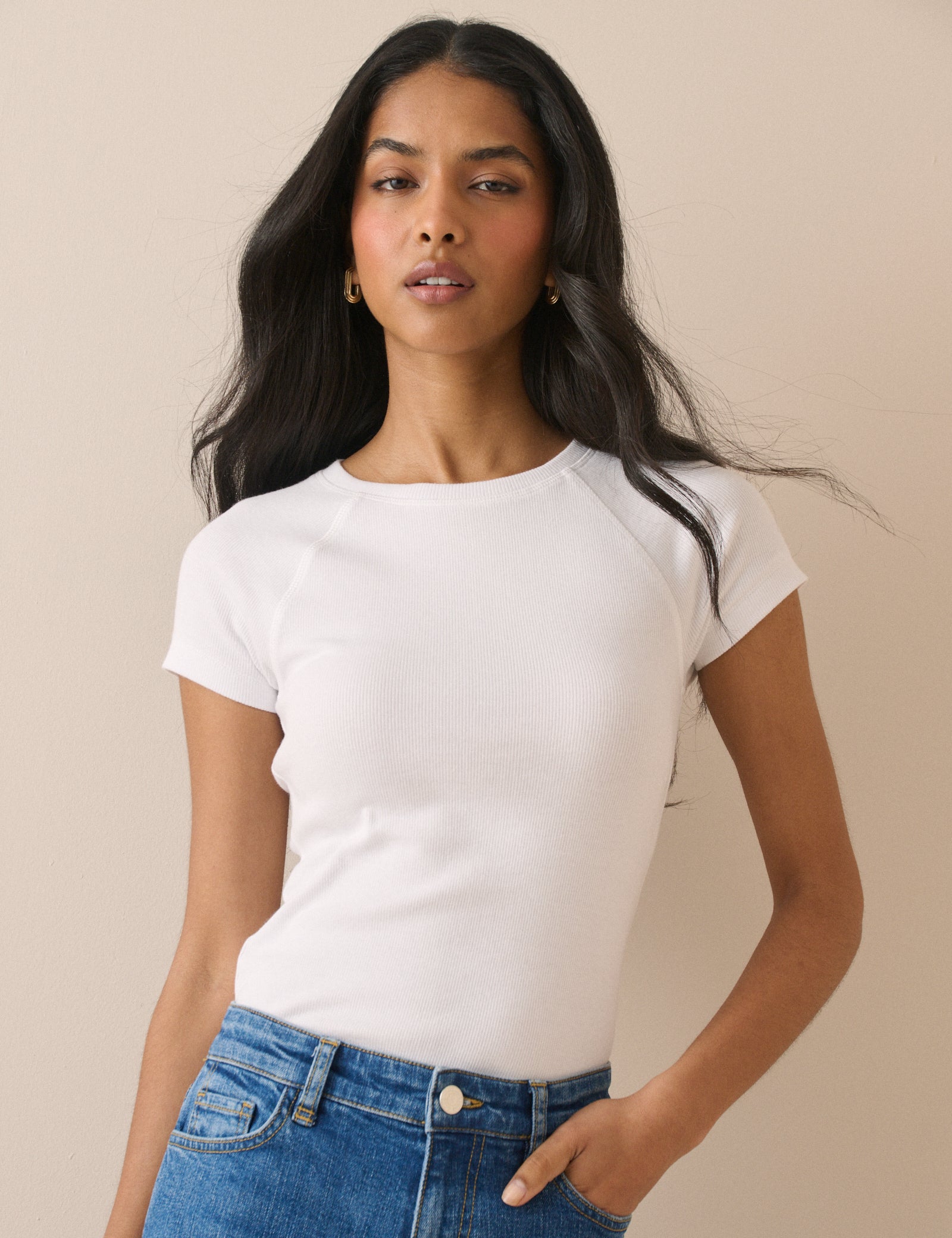 White Ribbed Raglan Jersey T-Shirt