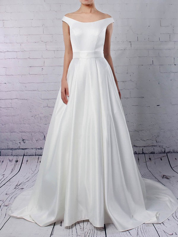 Gorgeous Off-The-Shoulder Satin Ball Gown Wedding Dresses with Sweep Train