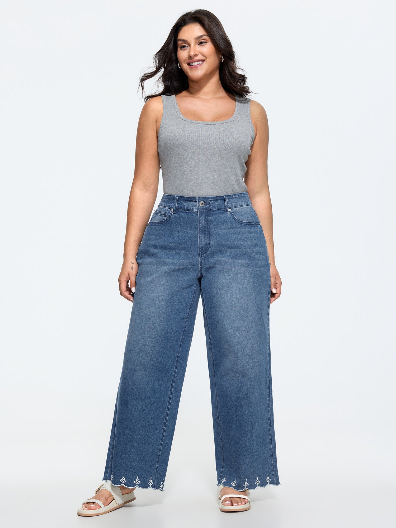 Stretchy Embroidered Hem Wide-Leg Jeans