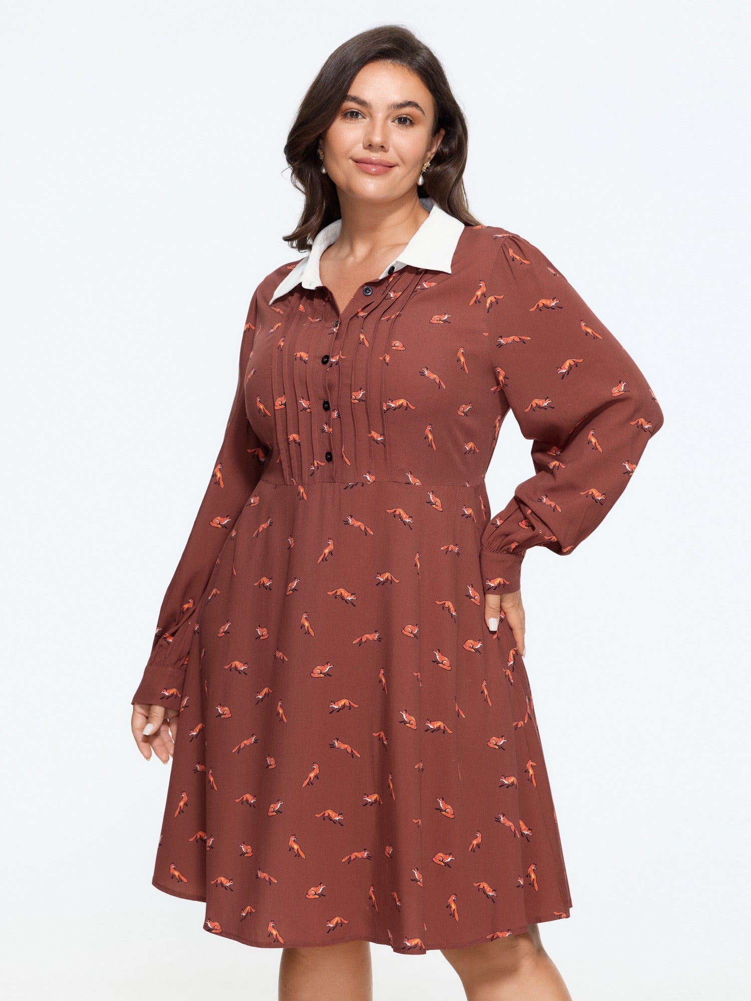 Fox Pattern Contrast Collar Pleated Mini Dress