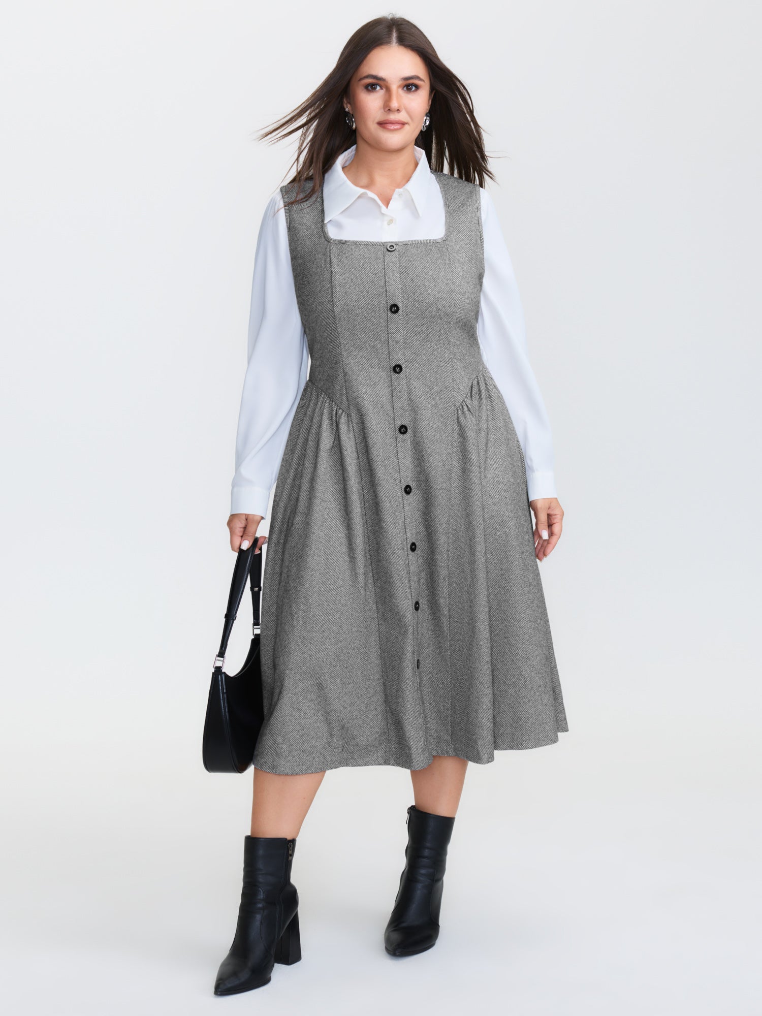 Square Neckline Textured Pleated Midi Dress