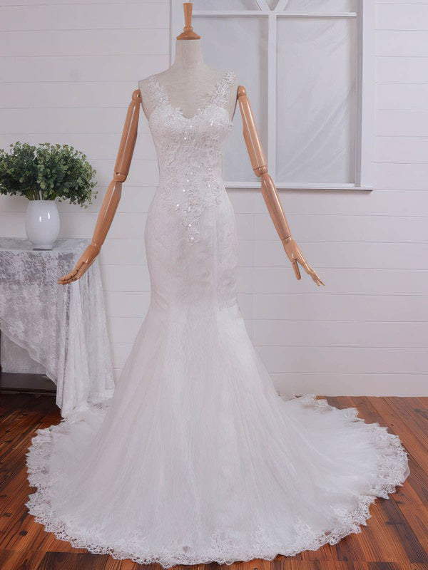 Gorgeous Trumpet V-Neck Lace Tulle Chapel Train Wedding Dresses with Beads