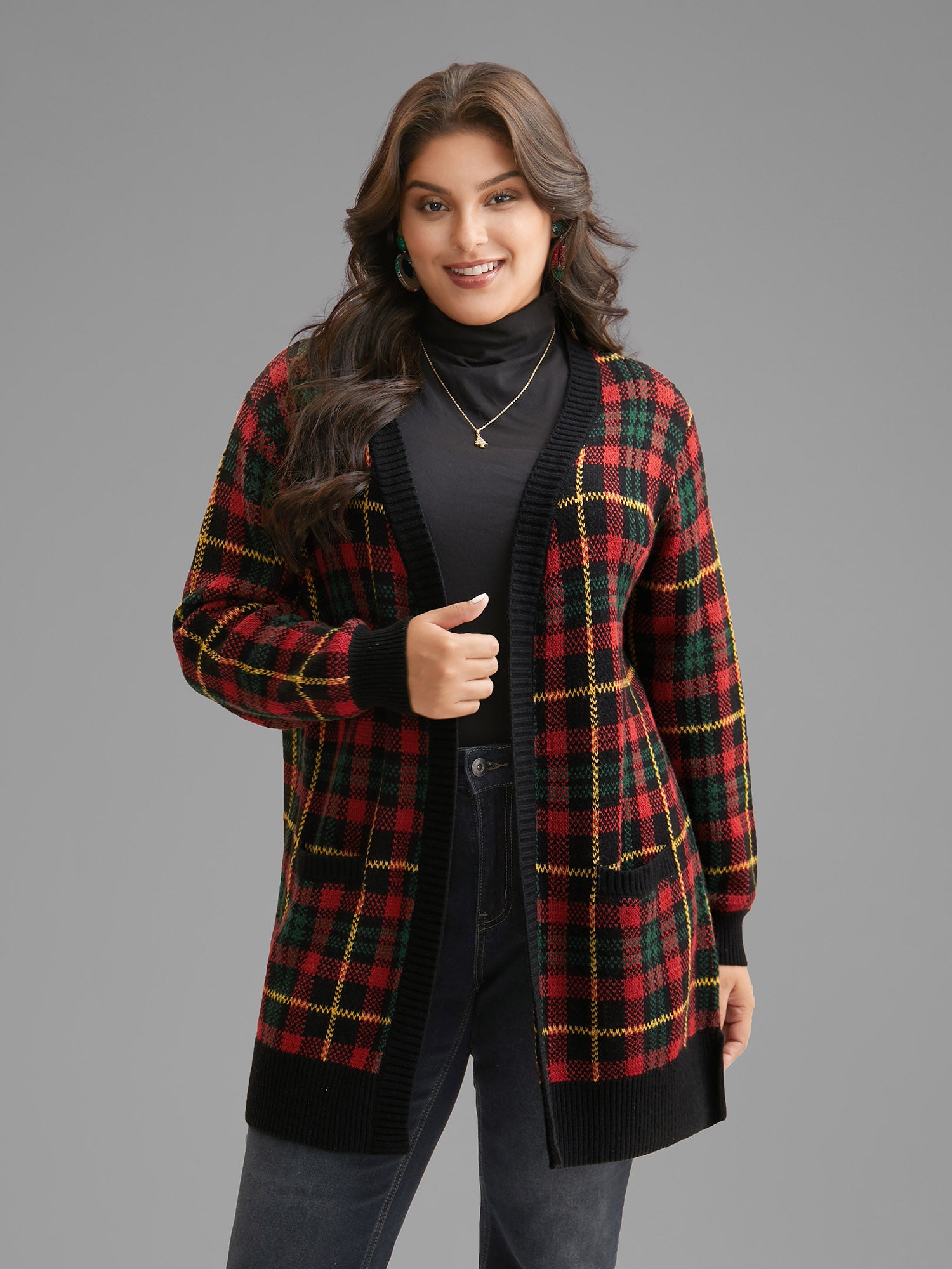 Holiday Plaid V-neck Open Cardigan