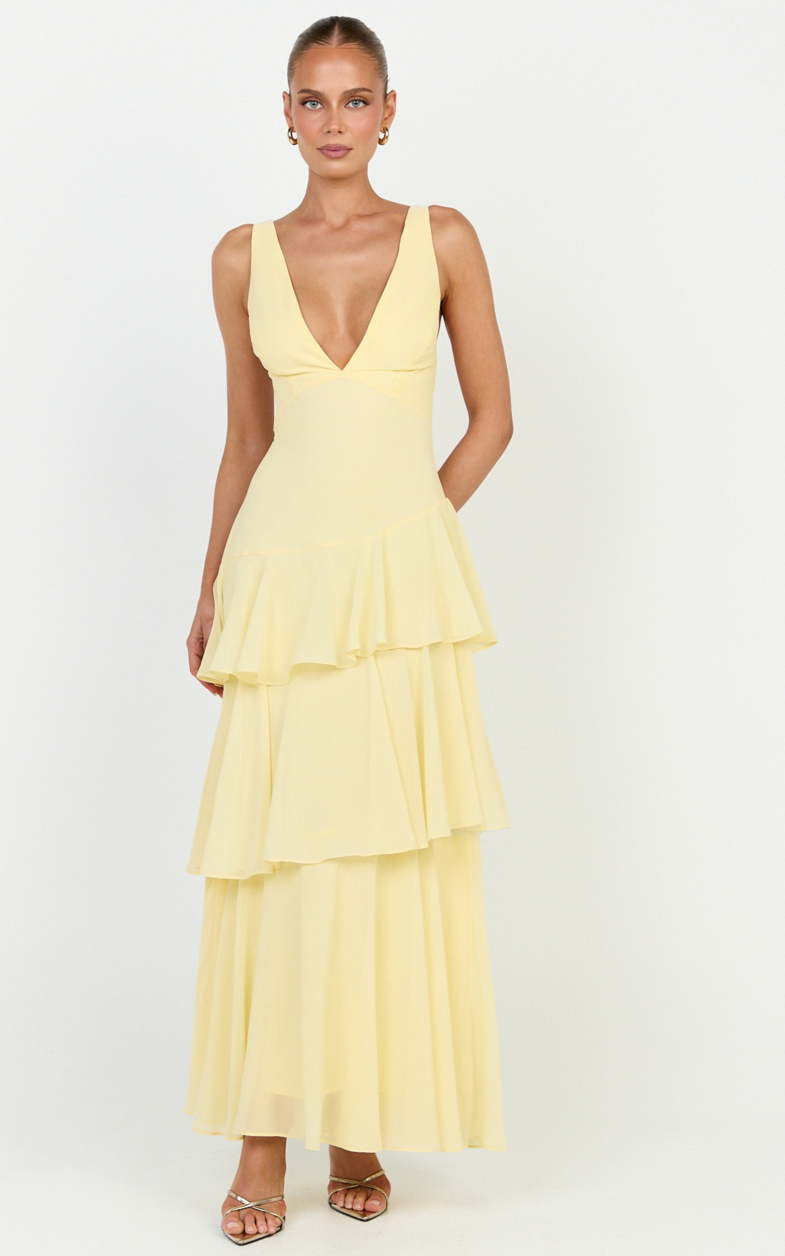 Beryl Midi Dress - Deep V Neck Sleeveless Layered Dress in Lemon