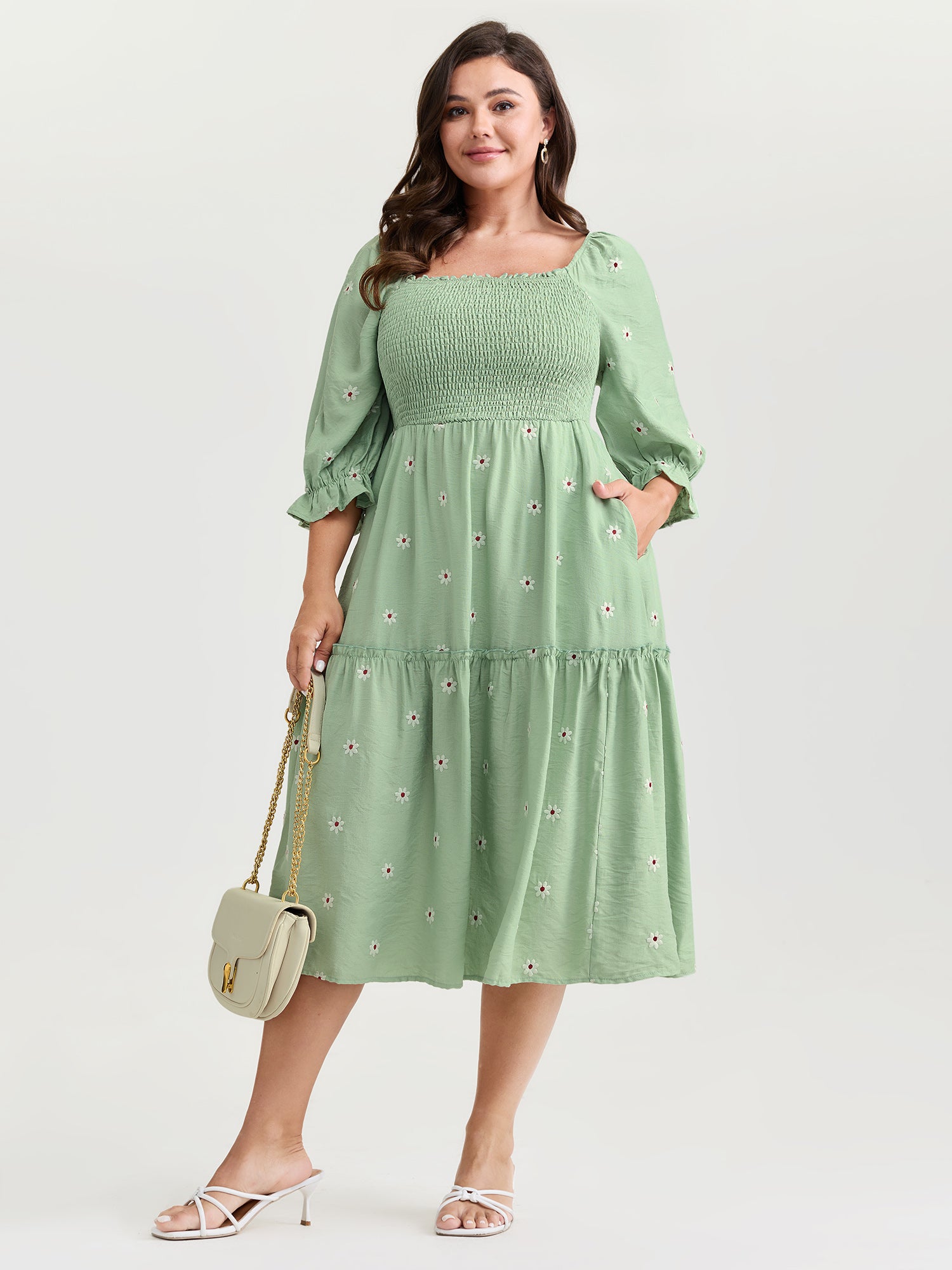 Shirred Embroidered Square Neckline Tiered Midi Dress