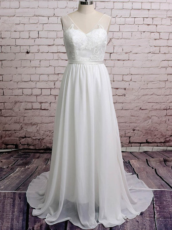 Chic A-Line V-Neck Lace Chiffon Wedding Dresses with Ribbon