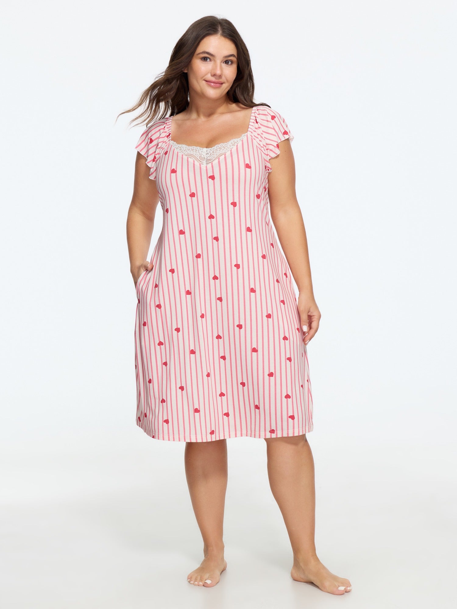 Supersoft Heart Striped Lace Trim Nightgown
