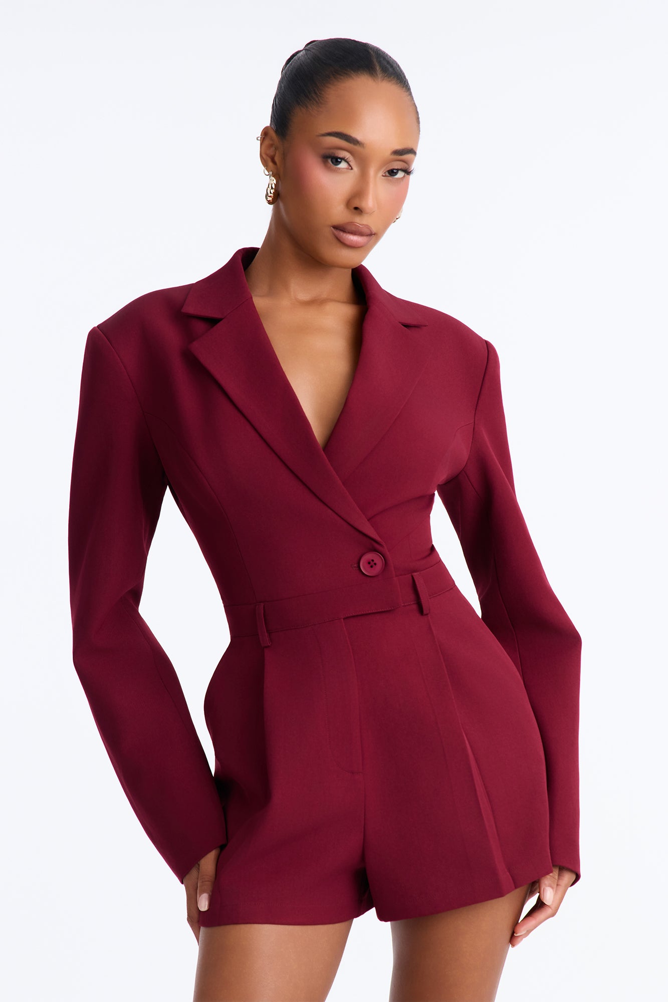 Shantal Bold Shoulder Blazer Romper - Wine