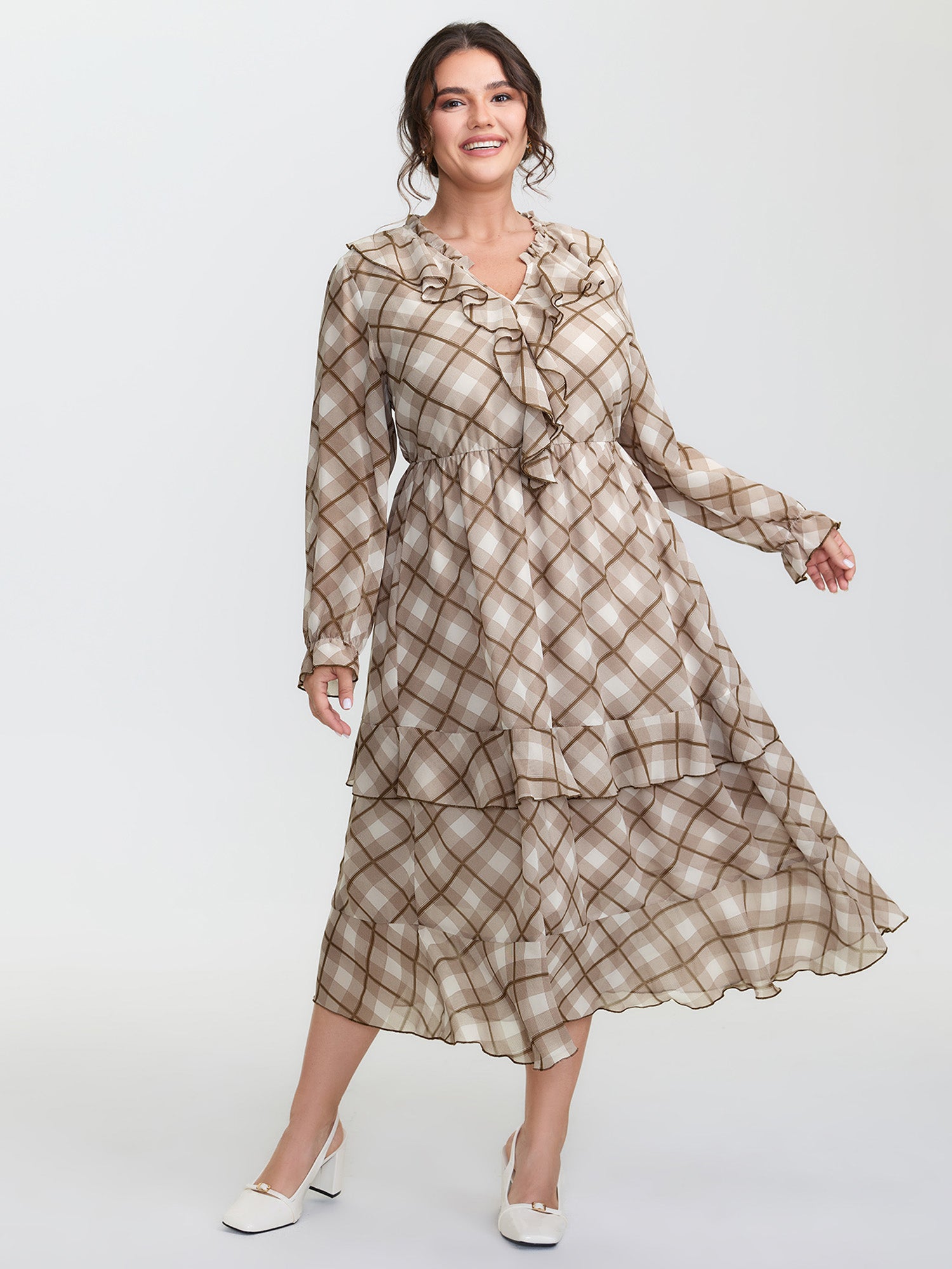 Checkered Stretchy Waist Ruffled Maxi Dress