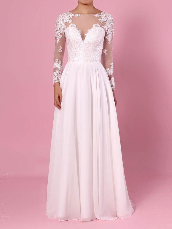Stunning A-Line Bateau Long Sleeves Chiffon Floor-Length Wedding Dresses