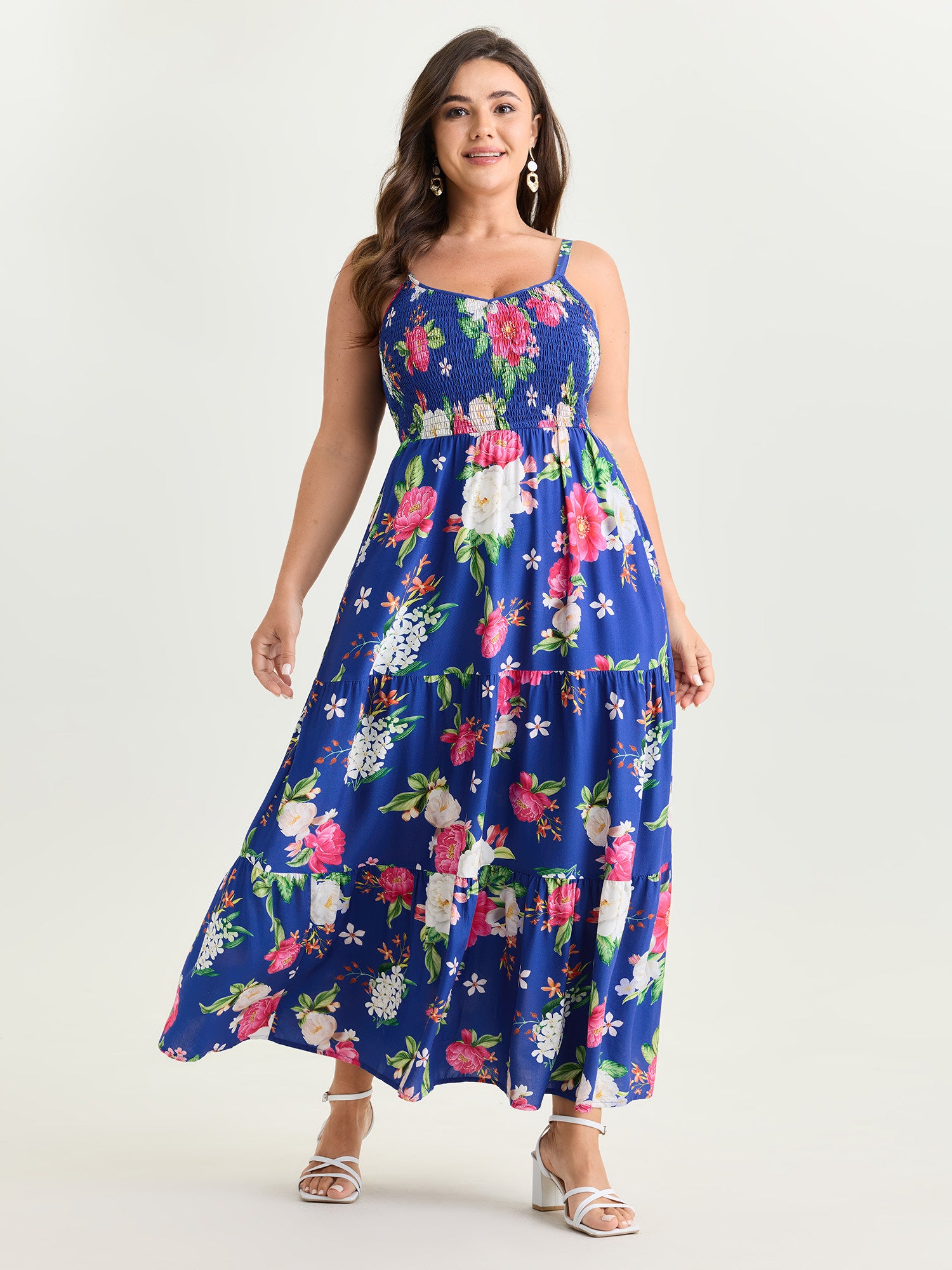 Floral Print Shirred Bodice Breezy Midi Dress