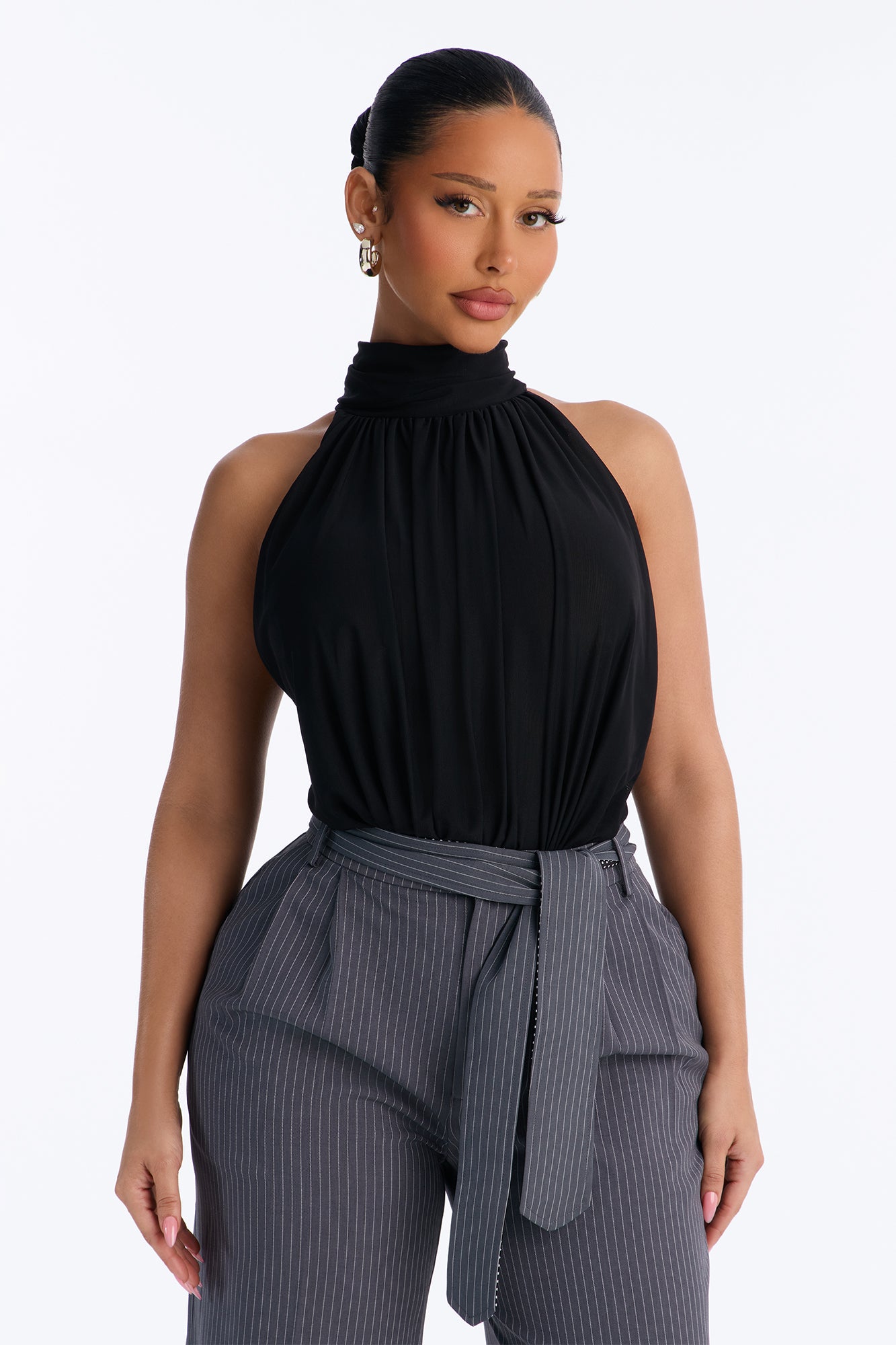 Nadine Mesh Mock Neck Ruched Sleeveless Bodysuit - Black