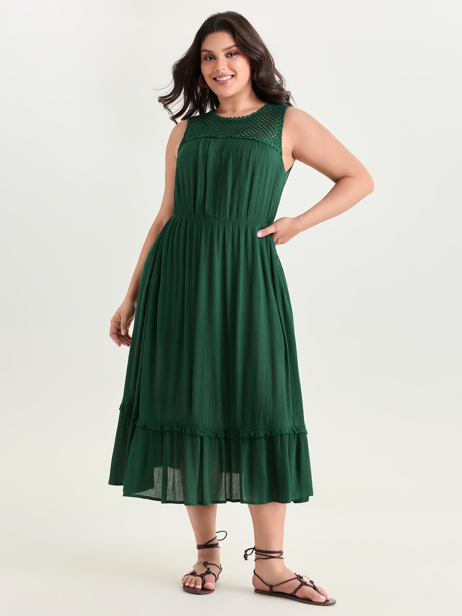 Sheer Neckline Ruffled Hem Midi Dress
