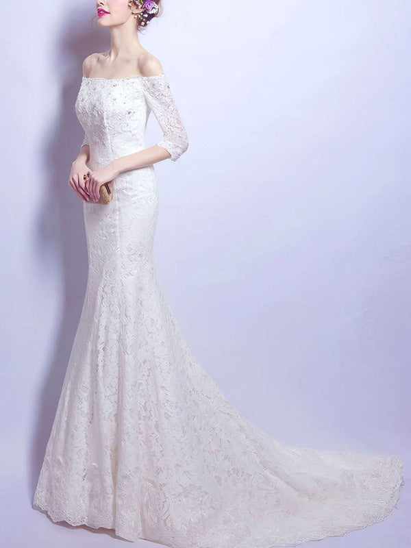 Elegant Off-The-Shoulder Lace Trumpet Wedding Dresses with Court Train