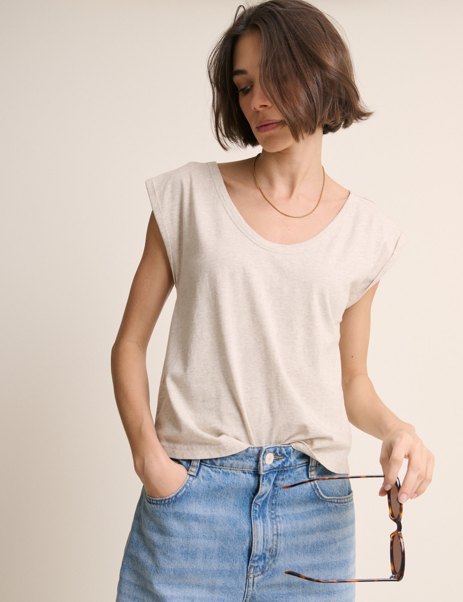 Oatmeal Turn Up Sleeve Jersey Top