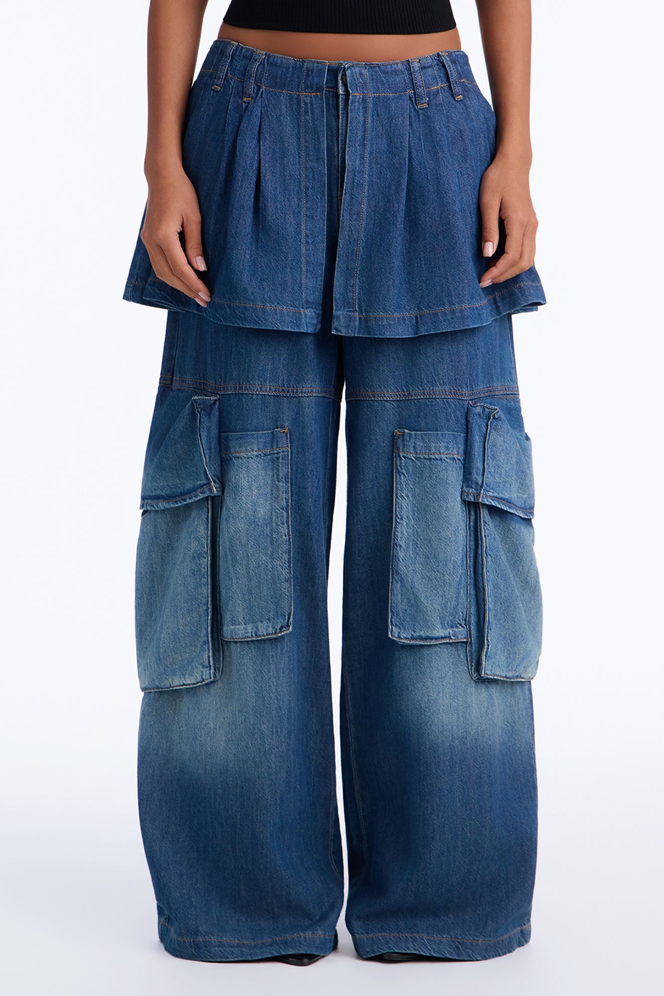 Sevilla Premium Fabric Cargo Wide Leg Jeans - Dark Wash
