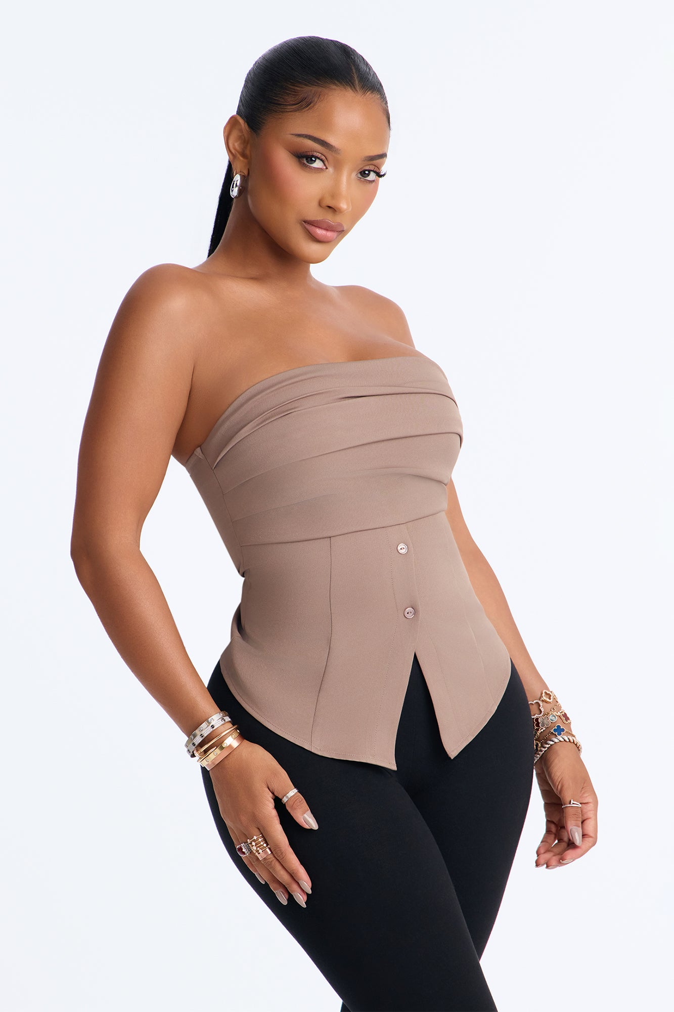Subtle Love Button Up Tube Top - Mocha
