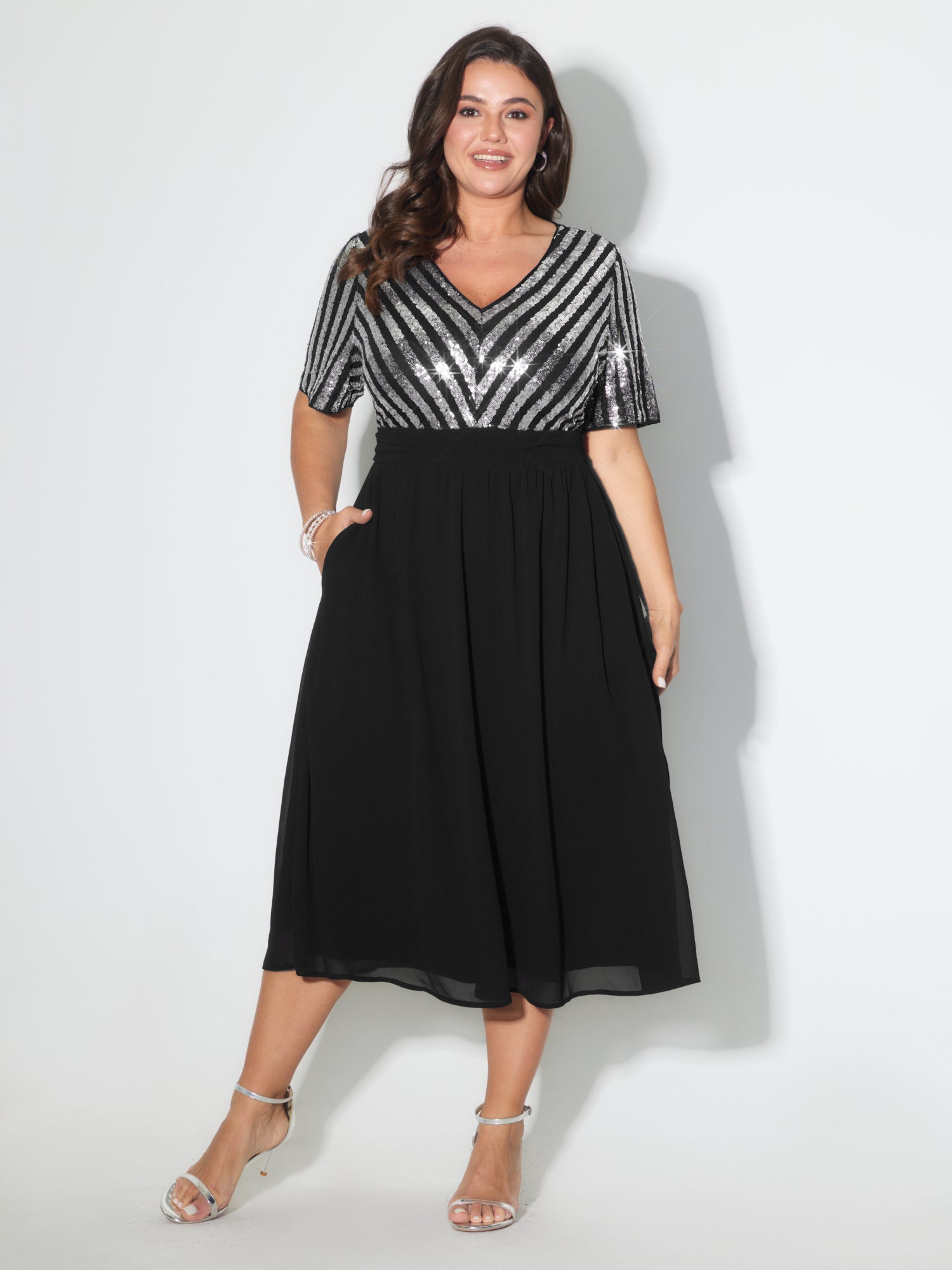 Striped Sequin V-Neck Contrast Midi Dress