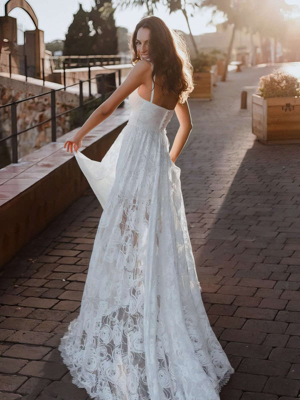 Fashionable A-Line Sleeveless Sweetheart Spaghetti Straps Lace Sweep Train Wedding Dresses with Split