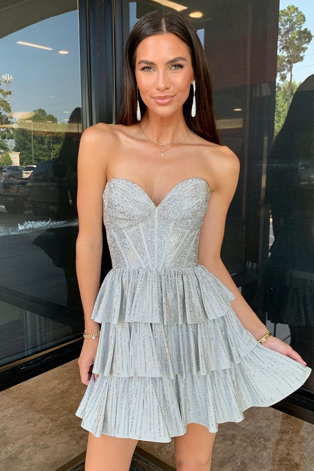 Sparkly Grey Sweetheart Ruffled Short Homecoming Dress/Mini Dress