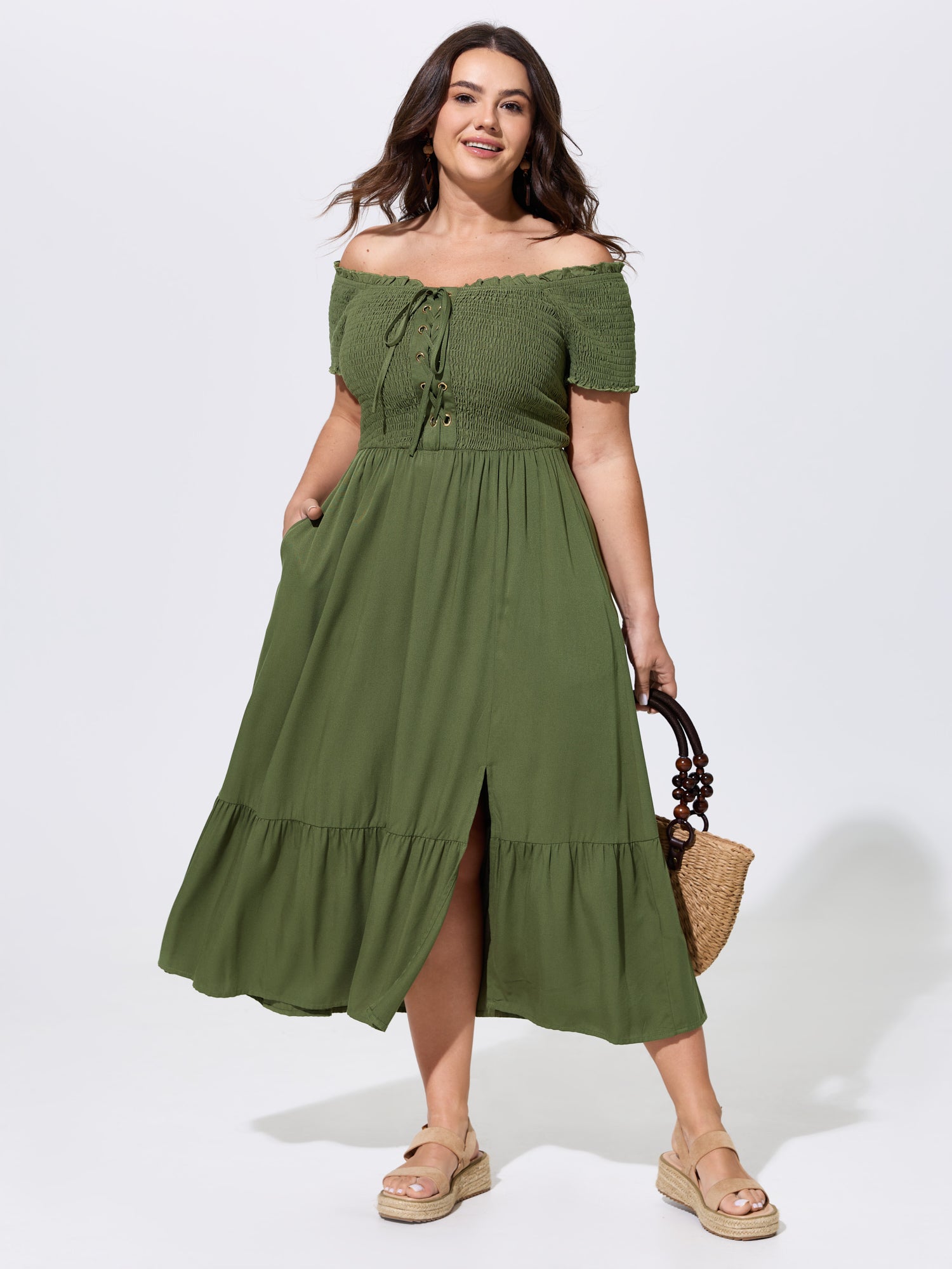 Shirred Off-Shoulder Cross-Tie Midi Dress