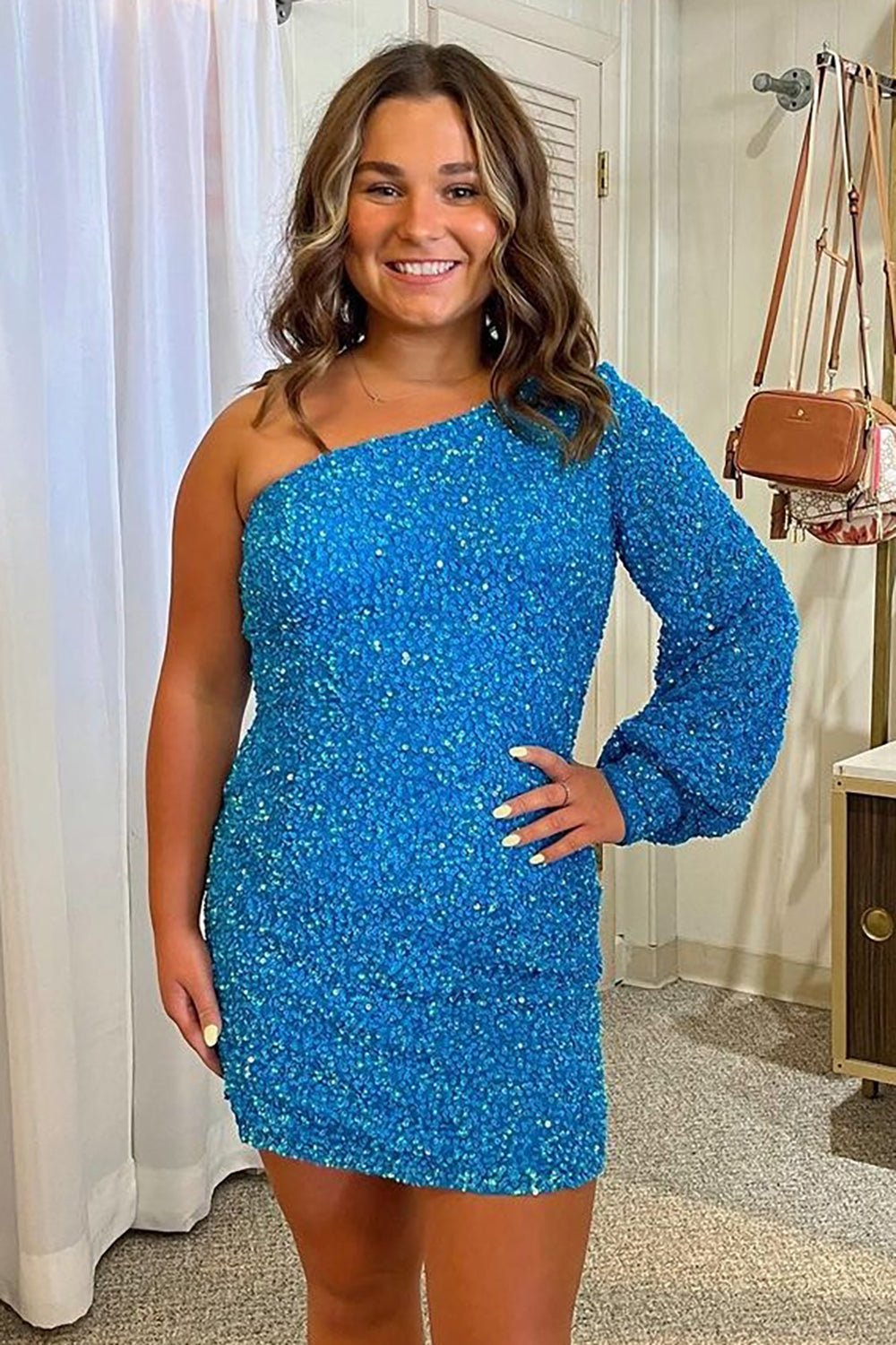 Blue One Shoulder Sequins Tight Homecoming Dress/Mini Dress