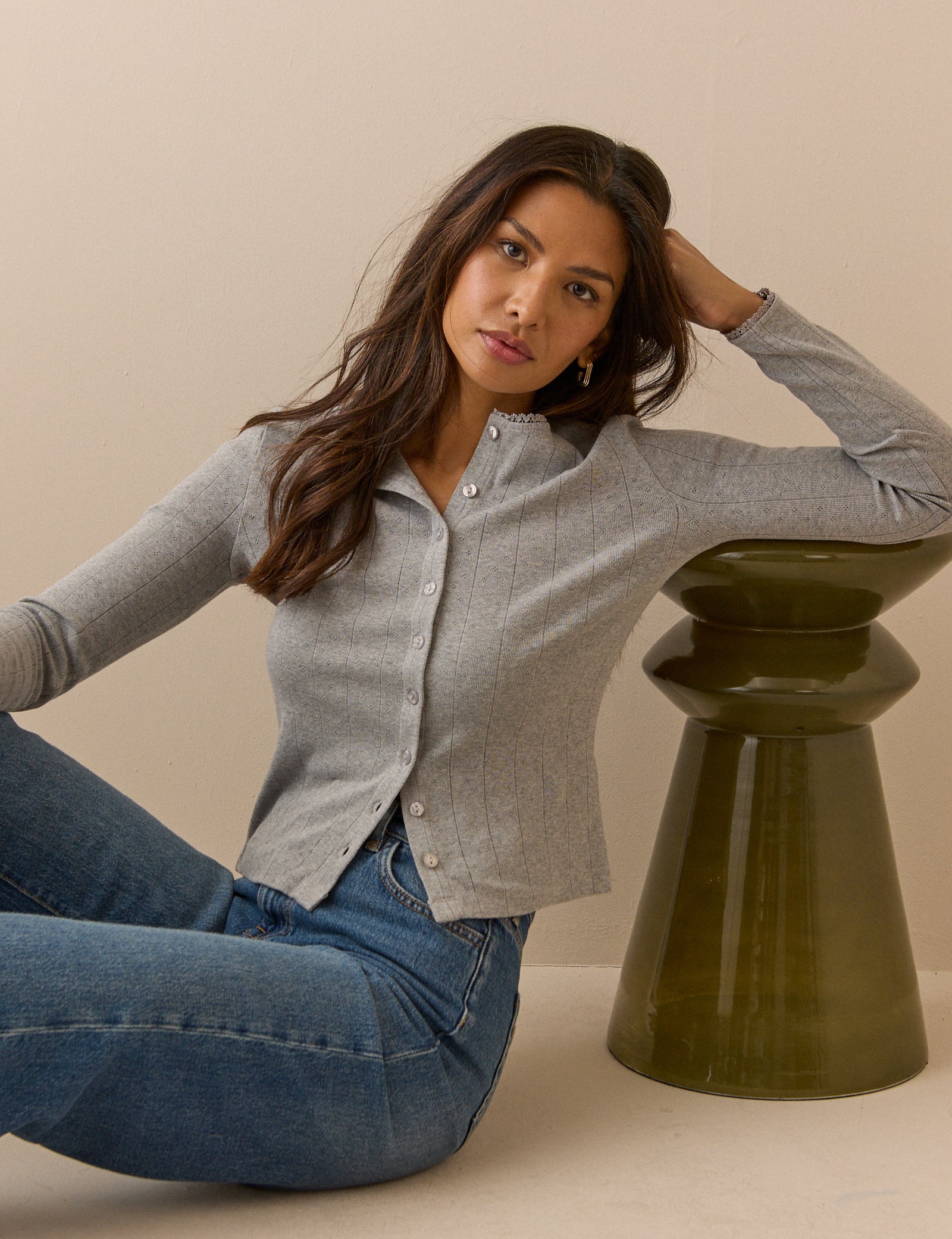 Grey Pointelle Jersey Cardigan