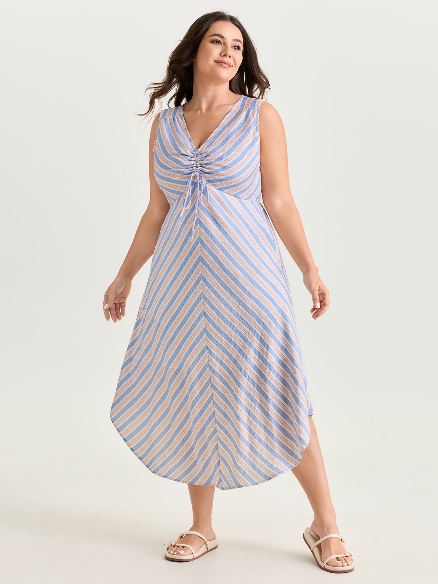 Striped Print Ruched Drawstring Midi Dress