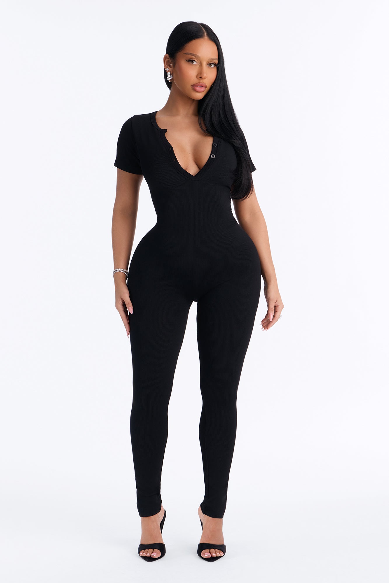Carrie Seamless Ribbed V Neck Skinny Jumpsuit - Black