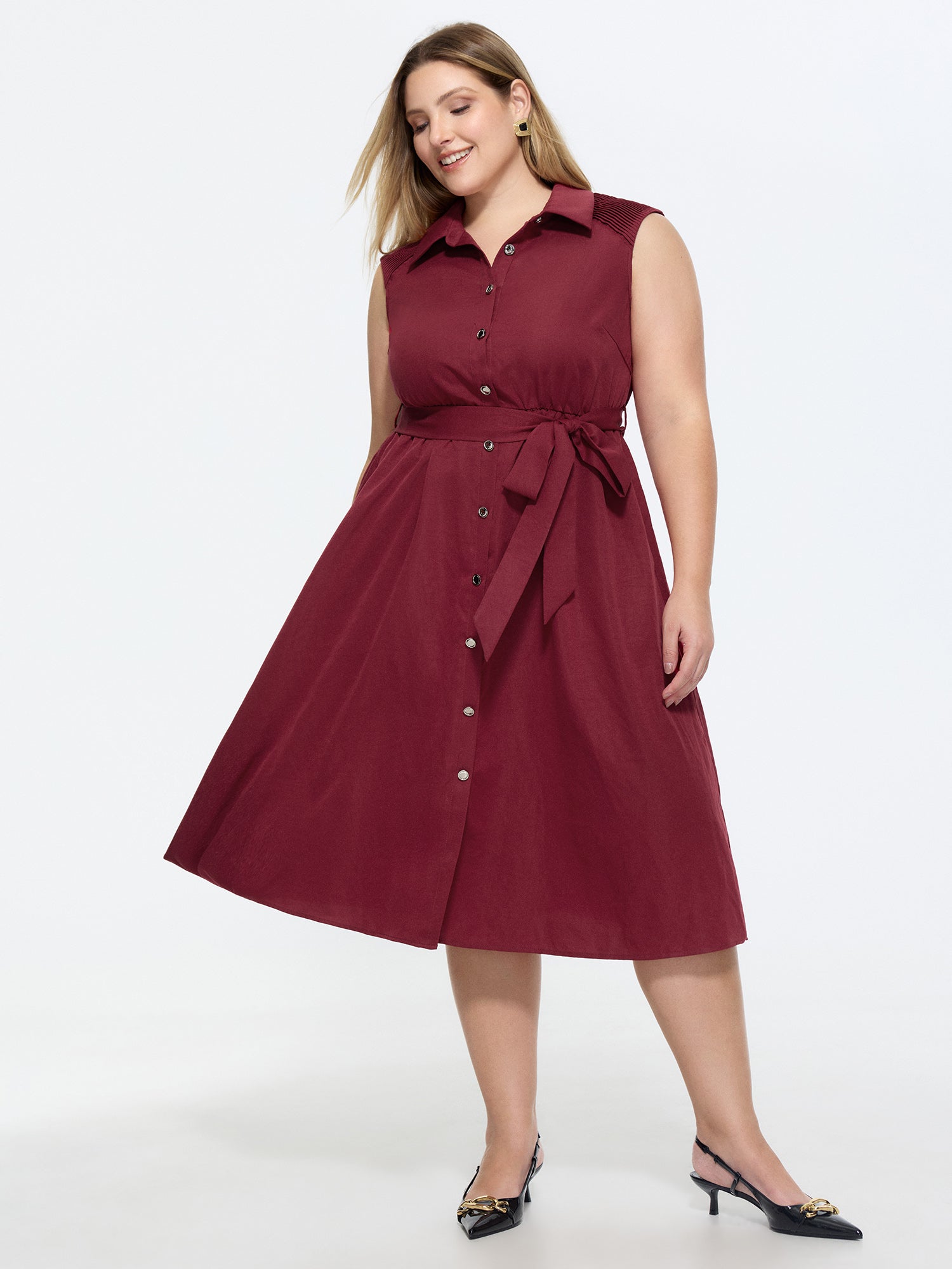 Elegant Waist-Tie Button Detail Midi Dress