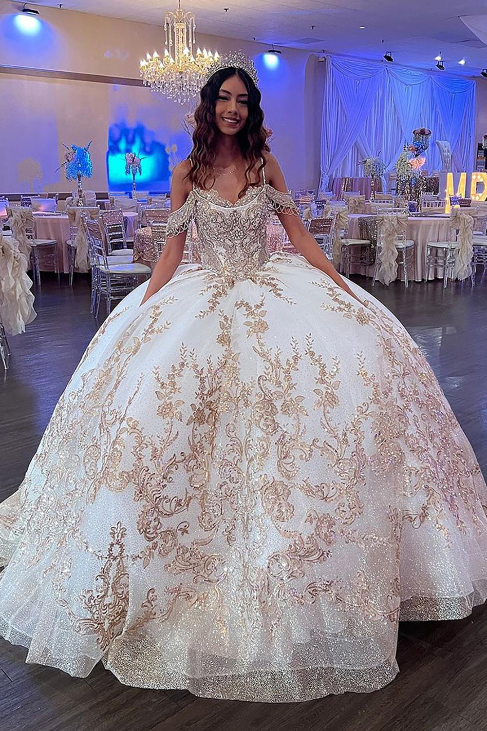 Golden Ivory Cold Shoulder Ball Gown with Sparkly Sequins for Quinceanera