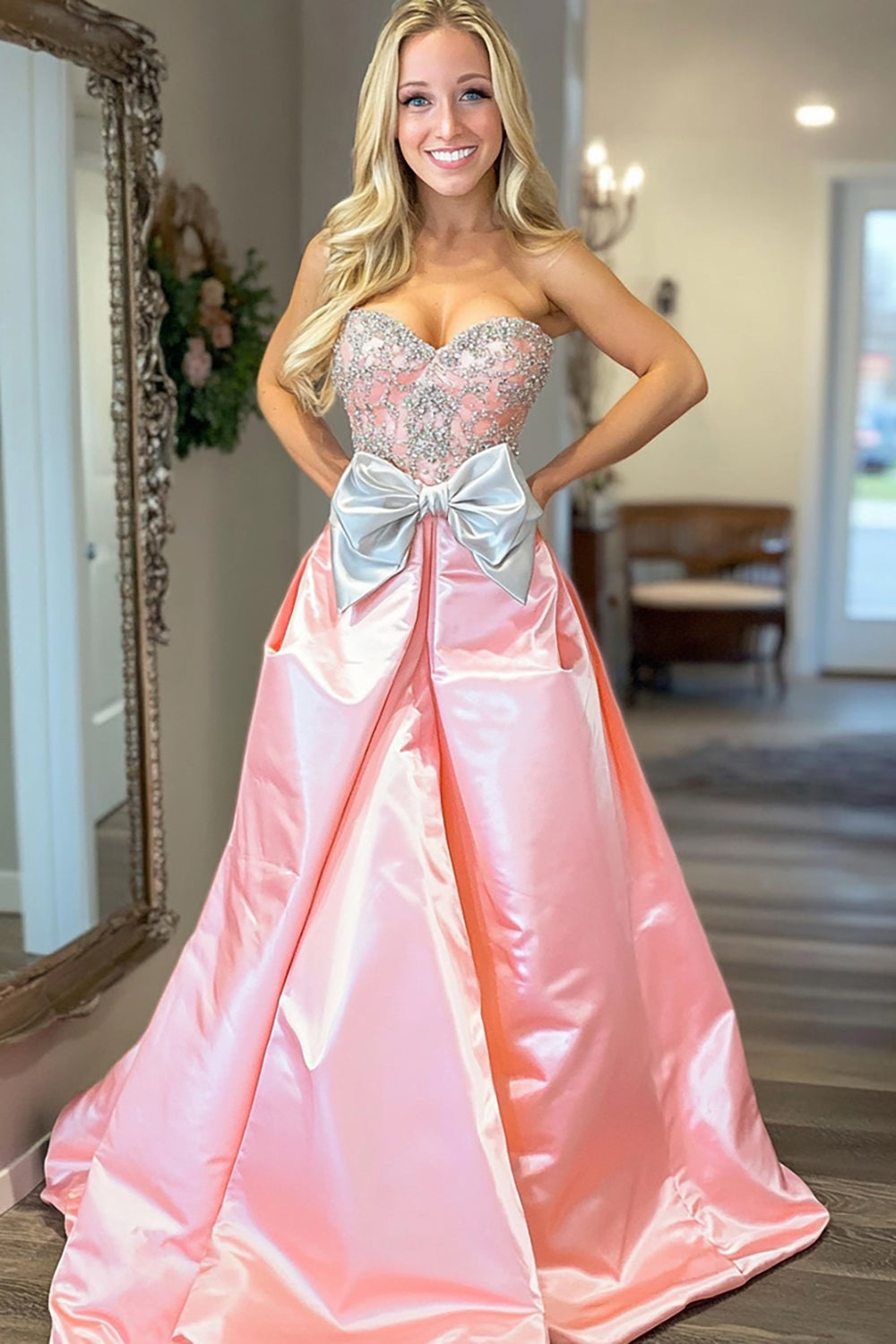 Sweetheart Long Prom Dress in Pink Satin with A-Line Bow Design