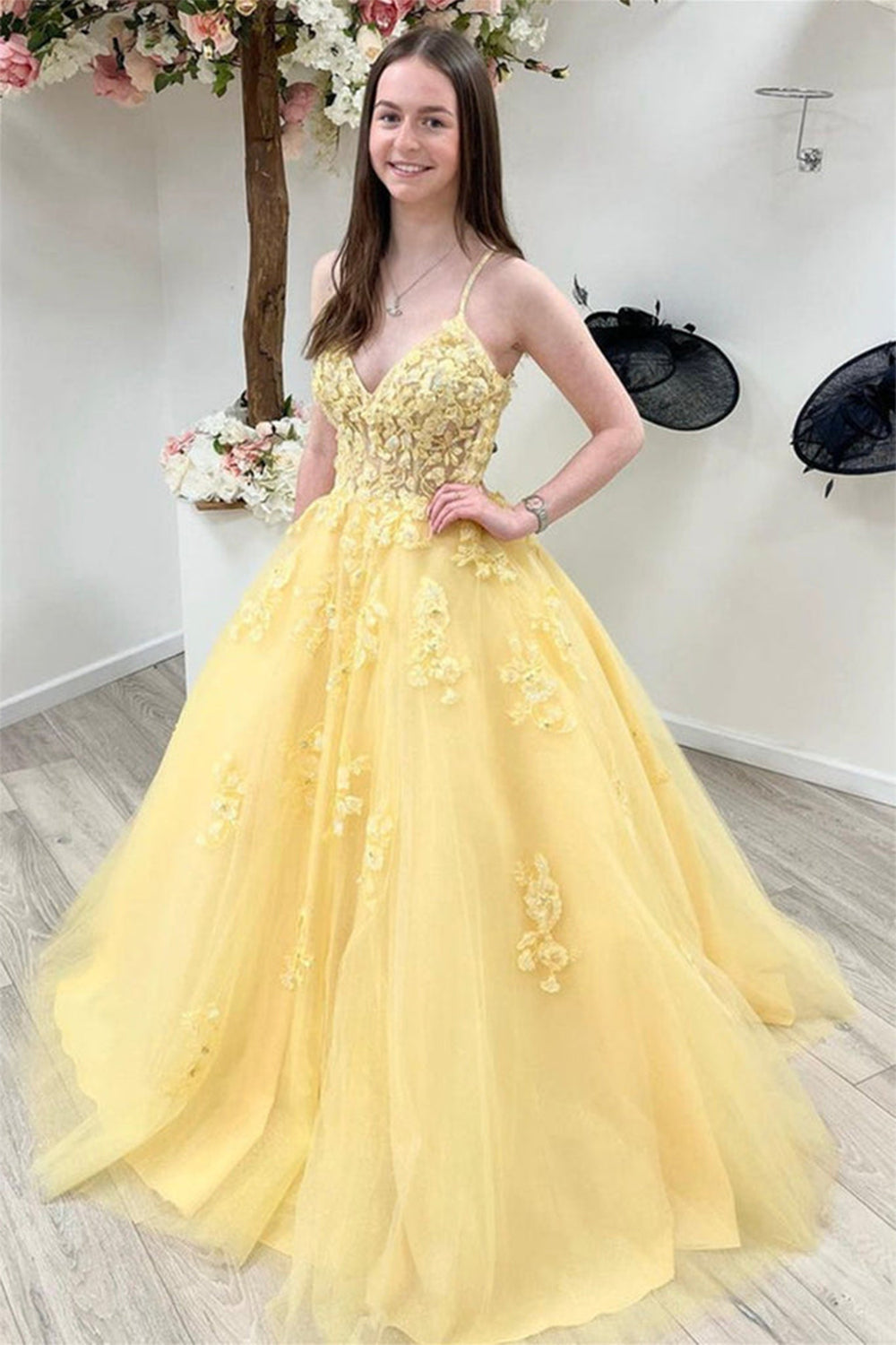Prom Gown with Yellow Spaghetti Straps