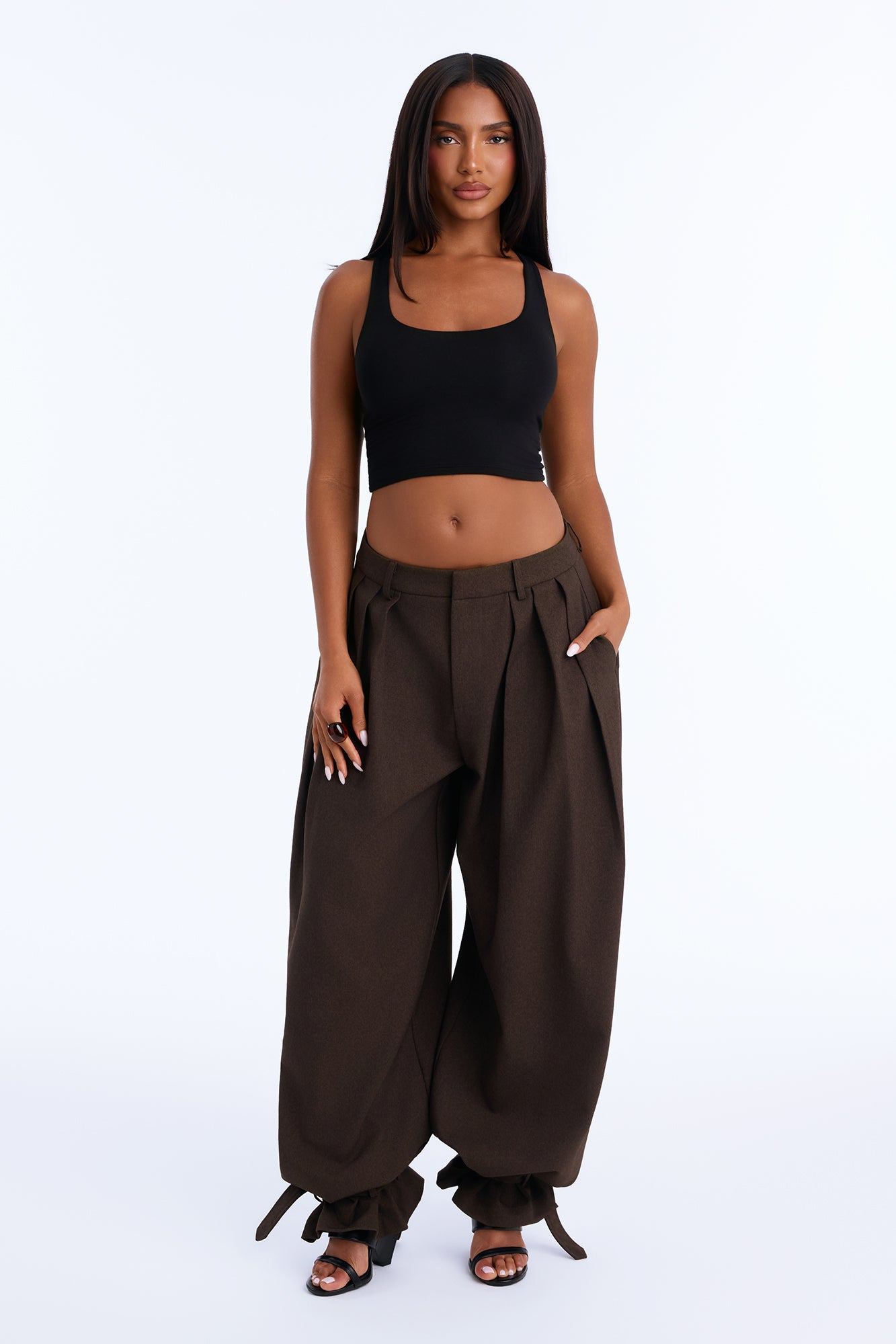 Heidi High Rise Pleated Ankle Tie Trouser - Chocolate