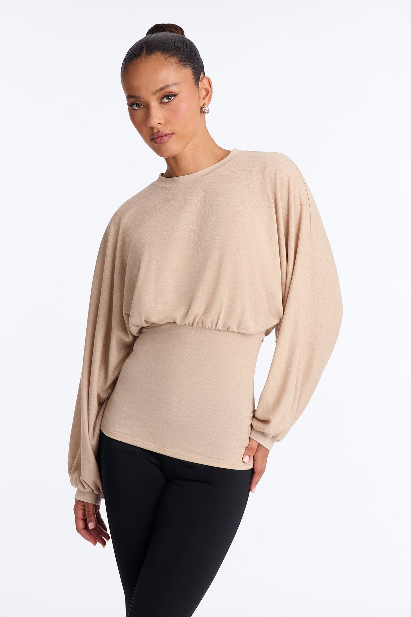 Maya Cinched Waist Ruched Balloon Sleeve Top - Stone