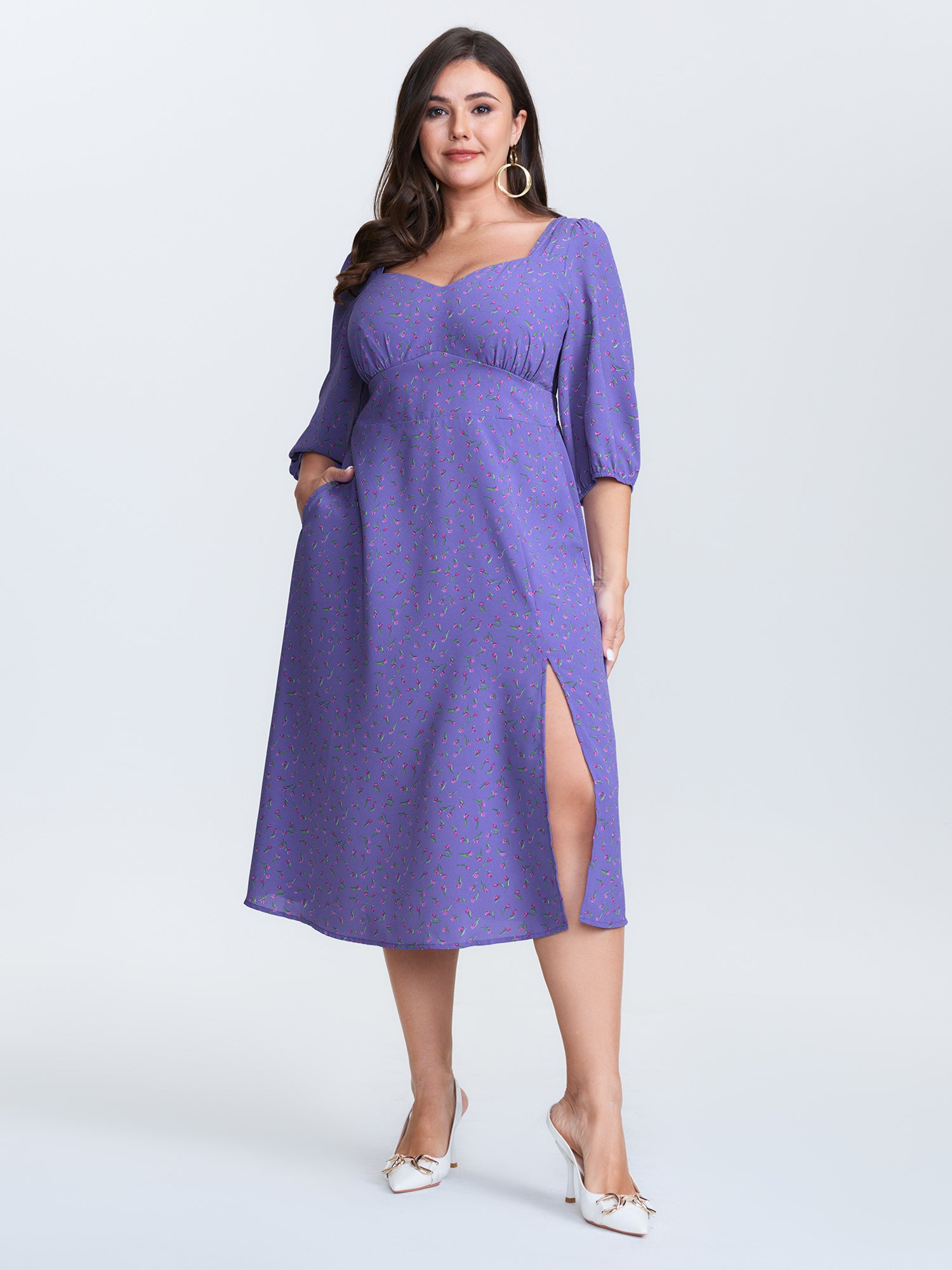 Ditsy Floral Sweetheart Neck Shirred Waist Midi Dress