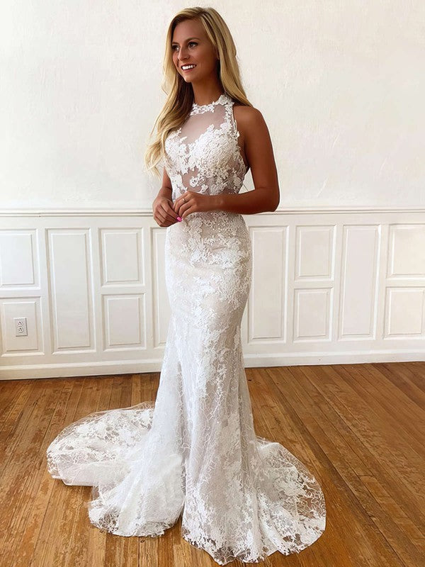 Trendy Sleeveless Trumpet Halter Lace Sweep Train Wedding Dresses with Appliques