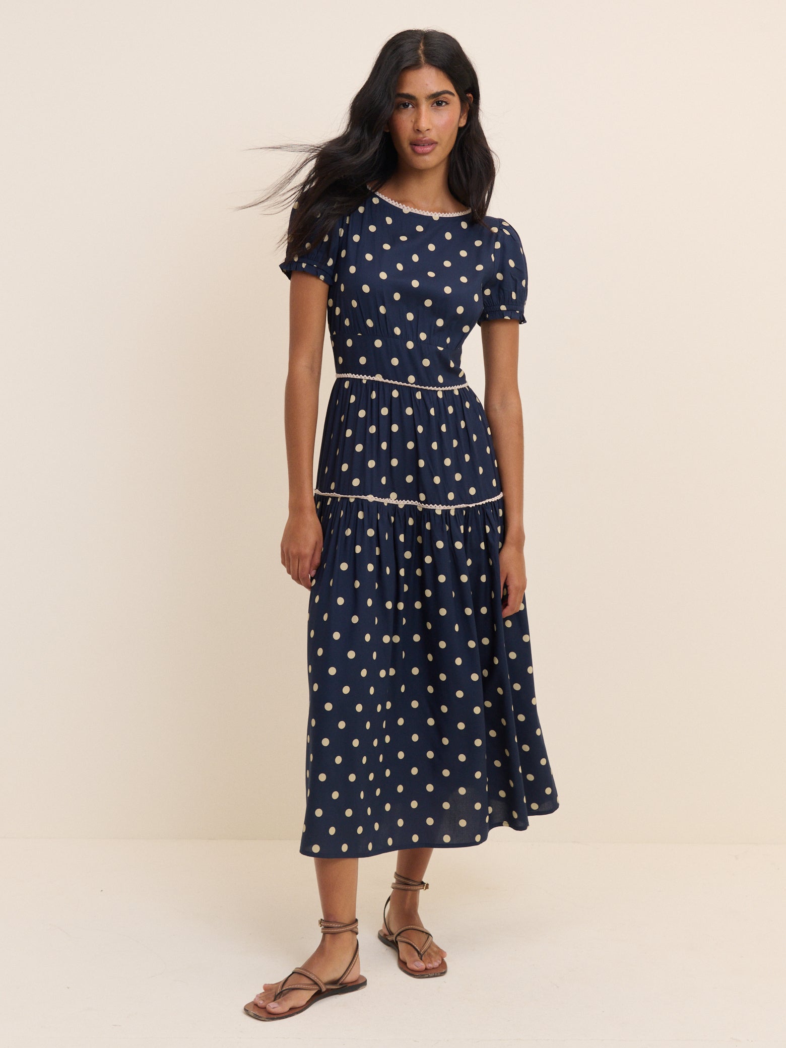 Navy Polka Dot Tiered Dara Midi Dress