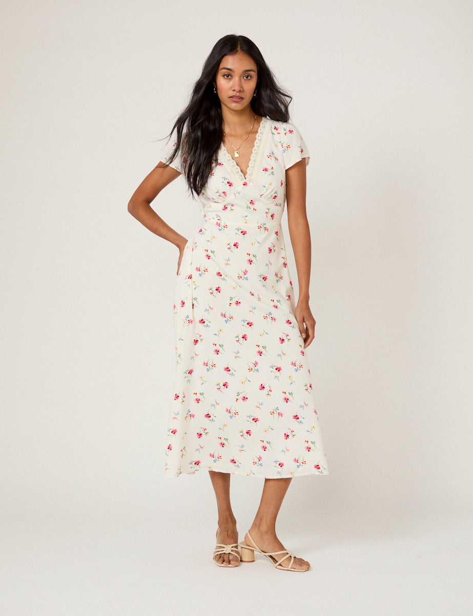 White Floral Lace Trim Kacey Midi Dress