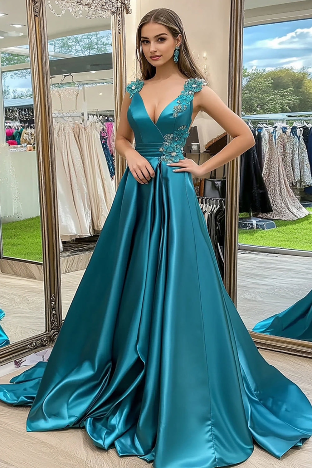 Long V-Neck Peacock Satin Prom Dress with Sparkly Floral Appliques in A-Line Wrap Style