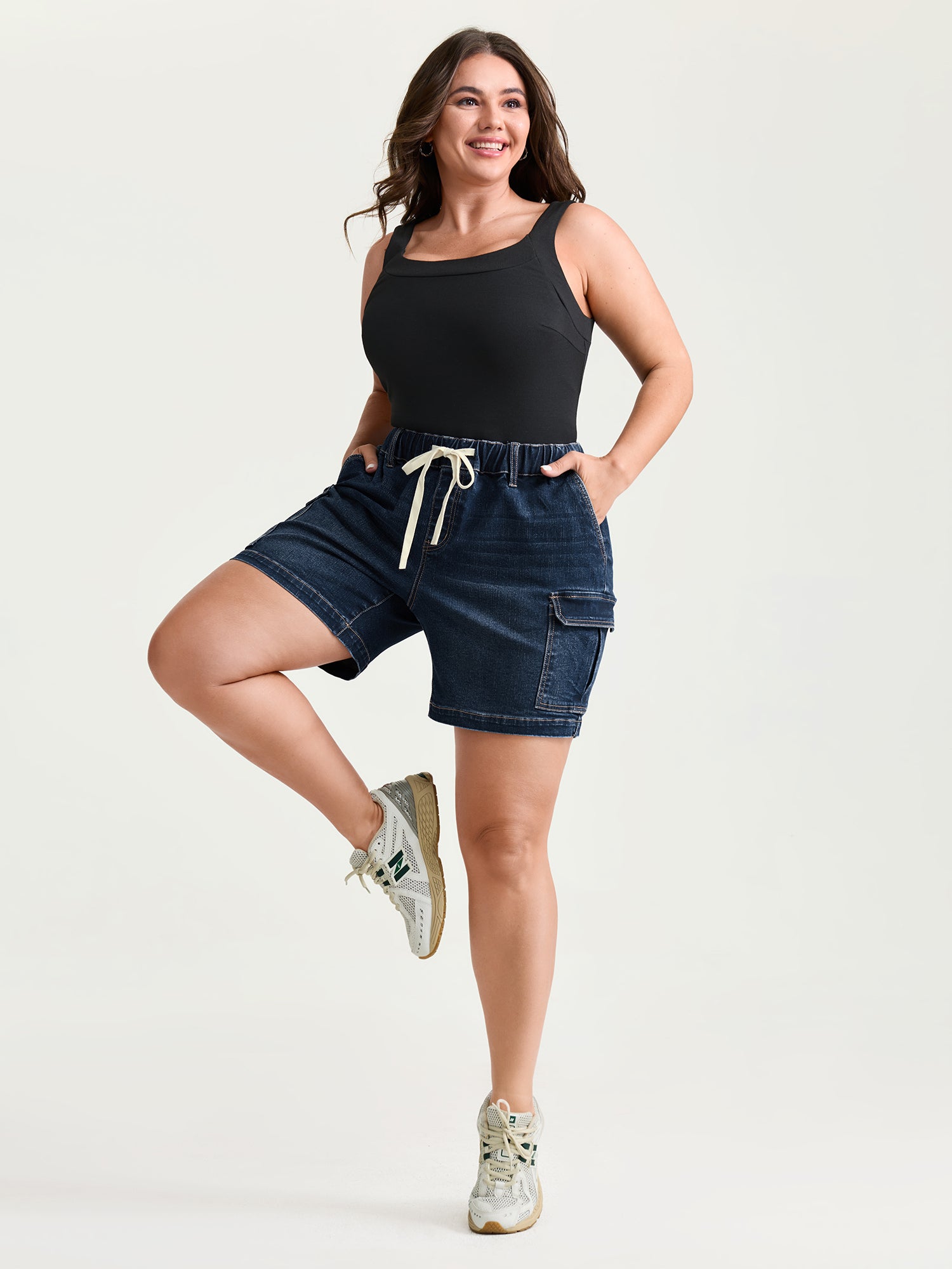 Pull-On Elastic Waistband Cargo Denim Shorts