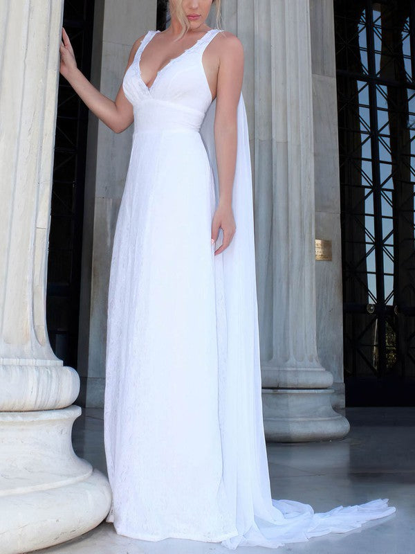 Elegant A-Line V-Neck Lace Chiffon Wedding Dresses with Watteau Train